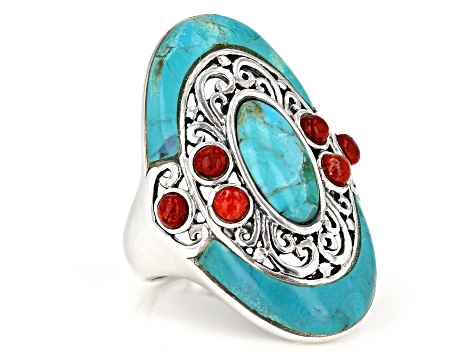 Turquoise and Coral Rhodium Over Sterling Silver Ring