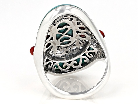 Turquoise and Coral Rhodium Over Sterling Silver Ring