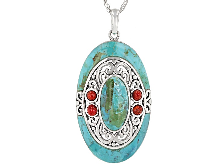 Turquoise and Coral Rhodium Over Sterling Silver Pendant with