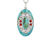 Turquoise and Coral Rhodium Over Sterling Silver Pendant with Chain