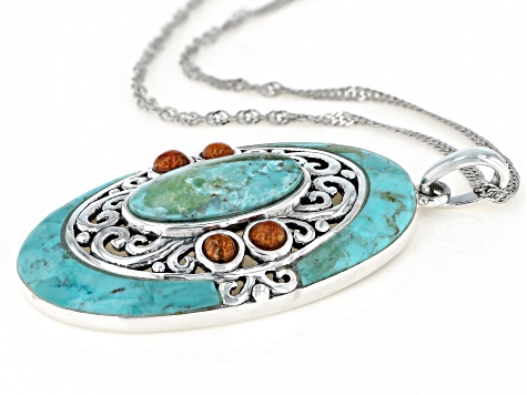 Turquoise and Coral Rhodium Over Sterling Silver Pendant with Chain