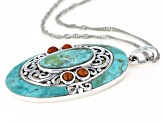 Turquoise and Coral Rhodium Over Sterling Silver Pendant with Chain