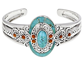 Turquoise and 3mm Coral Rhodium Over Sterling Silver Cuff Bracelet 16x8mm