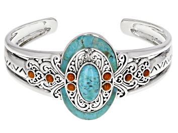 Picture of Turquoise and 3mm Coral Rhodium Over Sterling Silver Cuff Bracelet 16x8mm