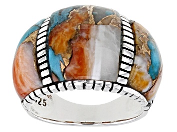 Picture of Blended Turquoise and Spiny Oyster Shell Rhodium Over Silver Inlay Ring