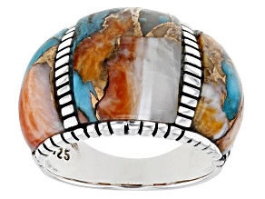 Blended Turquoise and Spiny Oyster Shell Rhodium Over Silver Inlay Ring