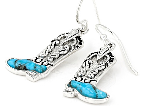 Blue Turquoise Rhodium Over Sterling Silver Cowboy Boot Earrings