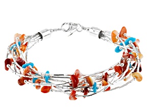 Blue Sleeping Beauty Turquoise and Spiny Oyster Rhodium Over Silver Multi Strand Bracelet