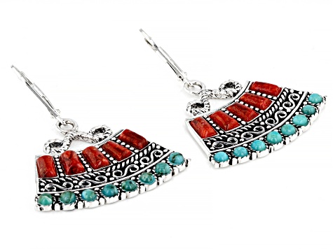 Blue Turquoise and Red Sponge Coral Dangle Earrings