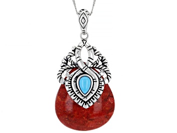 Picture of Blue Sleeping Beauty Turquoise and Red Coral Rhodium Over Silver Pendant with 18" Chain
