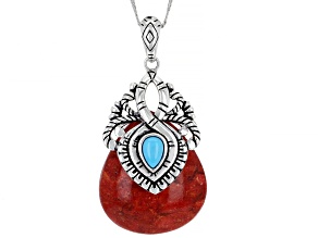 Sleeping Beauty Turquoise and Red Coral Rhodium Over Silver Pendant with 18" Chain