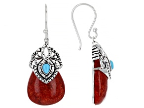 Blue Sleeping Beauty Turquoise and Red Sponge Coral Rhodium Over Silver Earrings