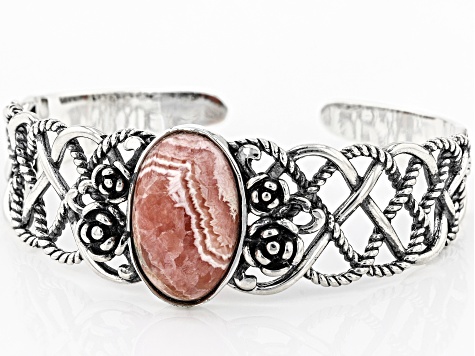 Pink Rhodochrosite Rhodium Over Sterling Silver Cuff