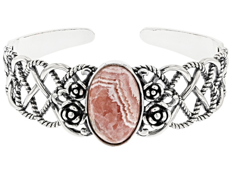 Pink Rhodochrosite Rhodium Over Sterling Silver Cuff
