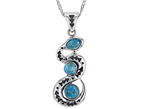 Blue Turquoise Rhodium Over Silver 3-Stone Snake Enhancer with 18" Chain