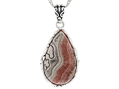 Pear Shaped Rhodochrosite Rhodium Over Silver Pendant with Chain