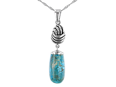 Fancy Cut Turquoise Rhodium Over Sterling Silver Drop Pendant with 18" Chain