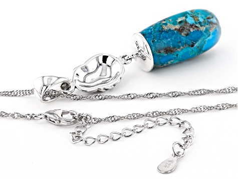 Fancy Cut Turquoise Rhodium Over Sterling Silver Drop Pendant with 18" Chain