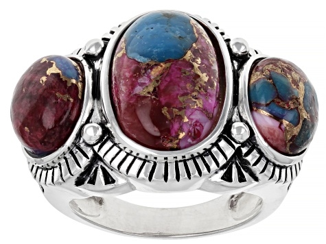 Blended Turquoise and Purple Spiny Oyster Rhodium Over Silver 3-Stone Ring
