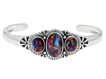 Picture of Blended Purple Spiny Oyster and Turquoise Rhodium Over Silver 3-Stone Cuff