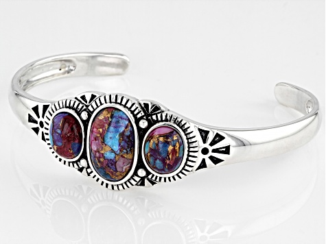 Blended Purple Spiny Oyster and Turquoise Rhodium Over Silver 3-Stone Cuff