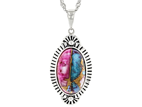 Blended Turquoise and Purple Oyster Shell Rhodium Over Silver Pendant with 18" Chain