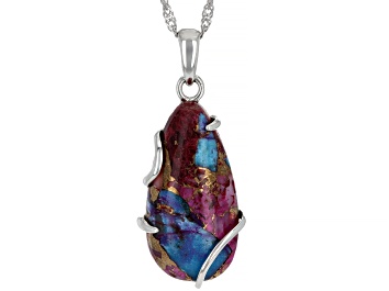 Picture of Blended Turquoise and Purple Spiny Oyster Rhodium Over Silver Pendant with 18" Chain