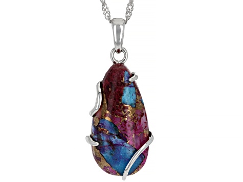 Blended Turquoise and Purple Spiny Oyster Rhodium Over Silver Pendant with 18" Chain