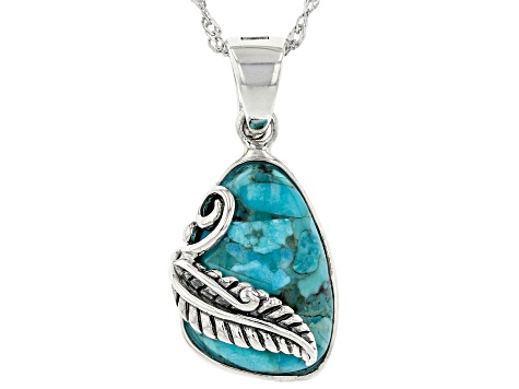 Blue Turquoise Leaf Design Rhodium Over Sterling Silver Enhancer with Chain