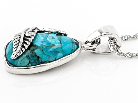 Blue Turquoise Leaf Design Rhodium Over Sterling Silver Enhancer with Chain