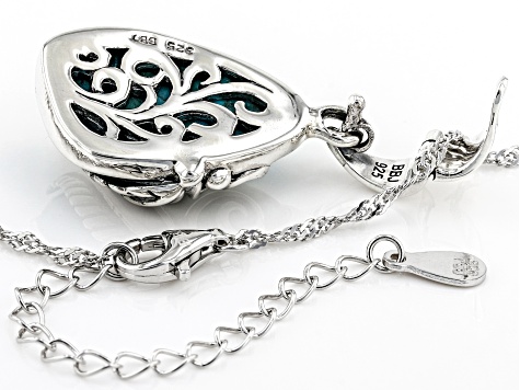 Blue Turquoise Leaf Design Rhodium Over Sterling Silver Enhancer with Chain