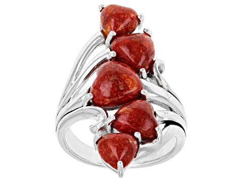 Red Sponge Coral Rhodium Over Sterling Silver Cluster Heart Ring