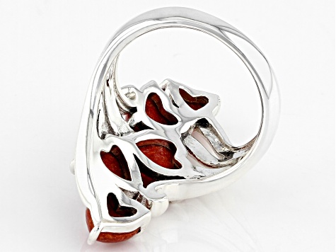 Red Sponge Coral Rhodium Over Sterling Silver Cluster Heart Ring