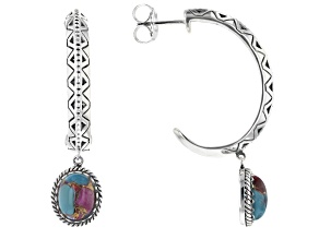 Blended Turquoise and Purple Spiny Oyster Rhodium Over Silver J-Hoop Earrings