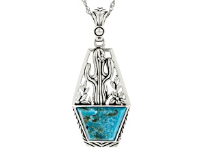 Blue Turquoise Rhodium Over Silver Cactus Pendant with Chain