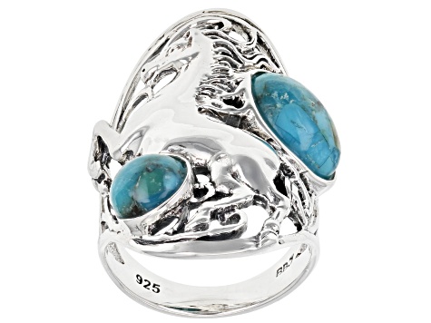 Blue Turquoise Rhodium over Silver Horse 2- Stone Ring