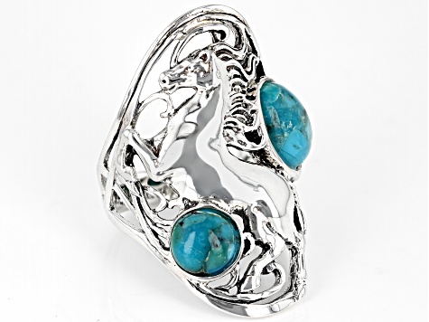 Blue Turquoise Rhodium over Silver Horse 2- Stone Ring