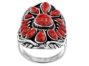 Oval and Pear Red Sponge Coral Rhodium Over Sterling Silver Ring