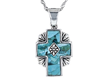 Picture of Blue Turquoise Rhodium Over Sterling Silver Cross Enhancer with Chain