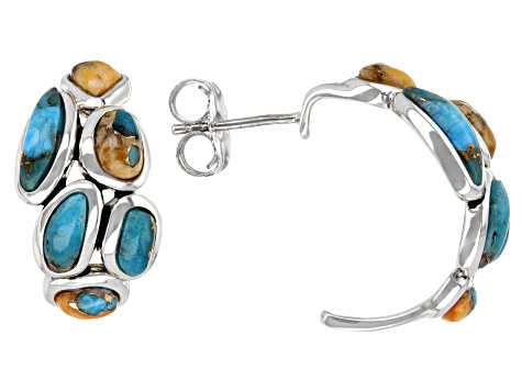 Blended Turquoise and Spiny Oyster Shell Rhodium Over Silver Earrings