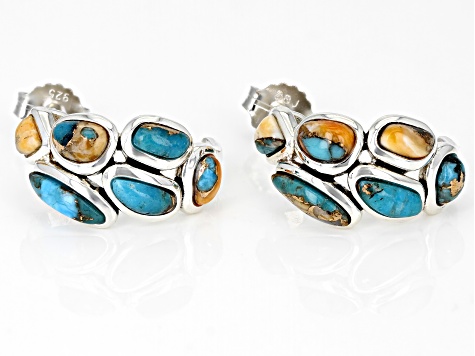 Blended Turquoise and Spiny Oyster Shell Rhodium Over Silver Earrings