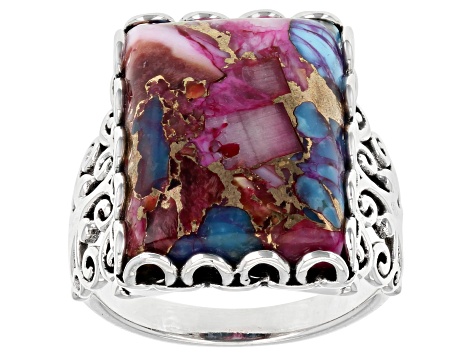 Blended Turquoise and Purple Spiny Oyster Shell Rhodium Over Sterling Silver Ring