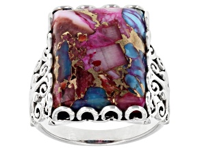 Blended Turquoise and Purple Spiny Oyster Shell Rhodium Over Sterling Silver Ring