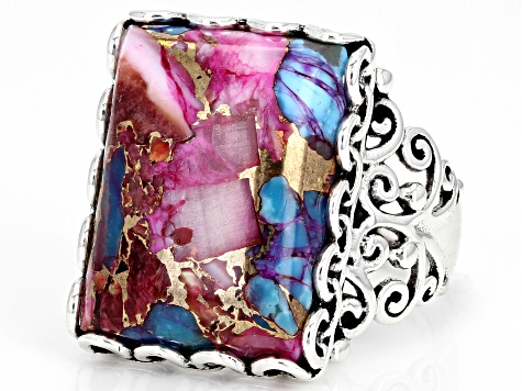 Blended Turquoise and Purple Spiny Oyster Shell Rhodium Over Sterling Silver Ring