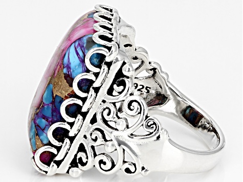 Blended Turquoise and Purple Spiny Oyster Shell Rhodium Over Sterling Silver Ring