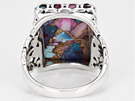 Blended Turquoise and Purple Spiny Oyster Shell Rhodium Over Sterling Silver Ring