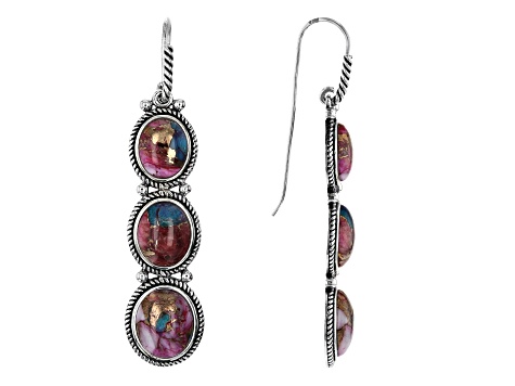 Blended Turquoise and Purple Spiny Oyster Shell Rhodium Over Silver 3-Stone Earrings