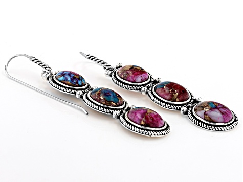 Blended Turquoise and Purple Spiny Oyster Shell Rhodium Over Silver 3-Stone Earrings