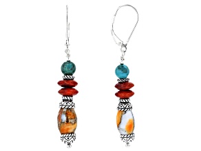 Turquoise, Coral, and Spiny Oyster Shell Rhodium Over Silver Beaded Earrings