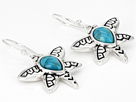 Blue Turquoise Rhodium Over Sterling Silver Dragonfly Earrings